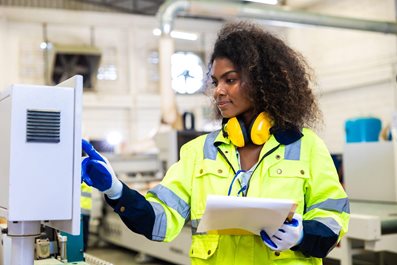 technician staff women working with modern industry machine