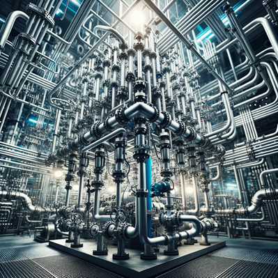 Photo of a hydraulic system in an industrial setting with a network of connected tubes and valves, emphasizing its complexity.