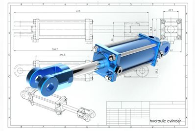 3d rendering of hydraulic cylinder above technical engineering drawing
