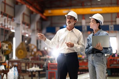 professional engineer man and woman wear hard hat check quality machine