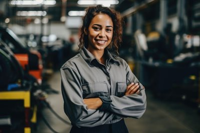 Portrait of a smiling female engineer in auto part factory
