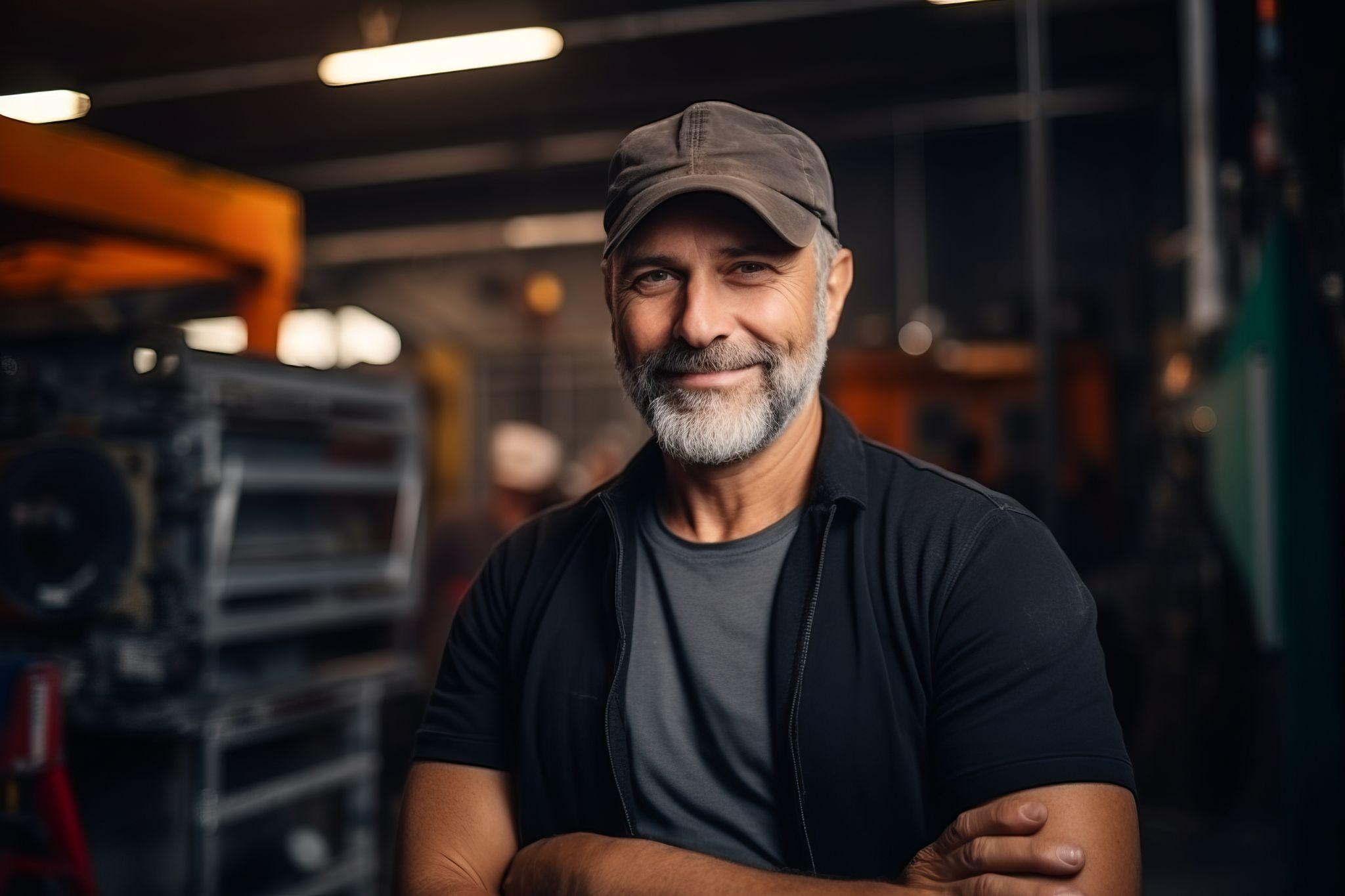 smiling mature man in cap standing with arms crossed in factory smiling mature man in cap standing with arms crossed in factory