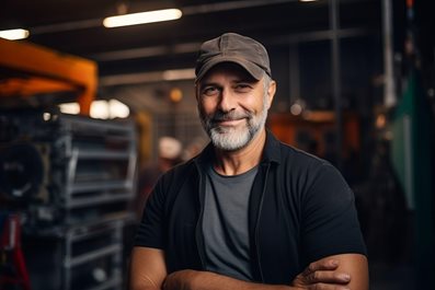 smiling mature man in cap standing with arms crossed in factory